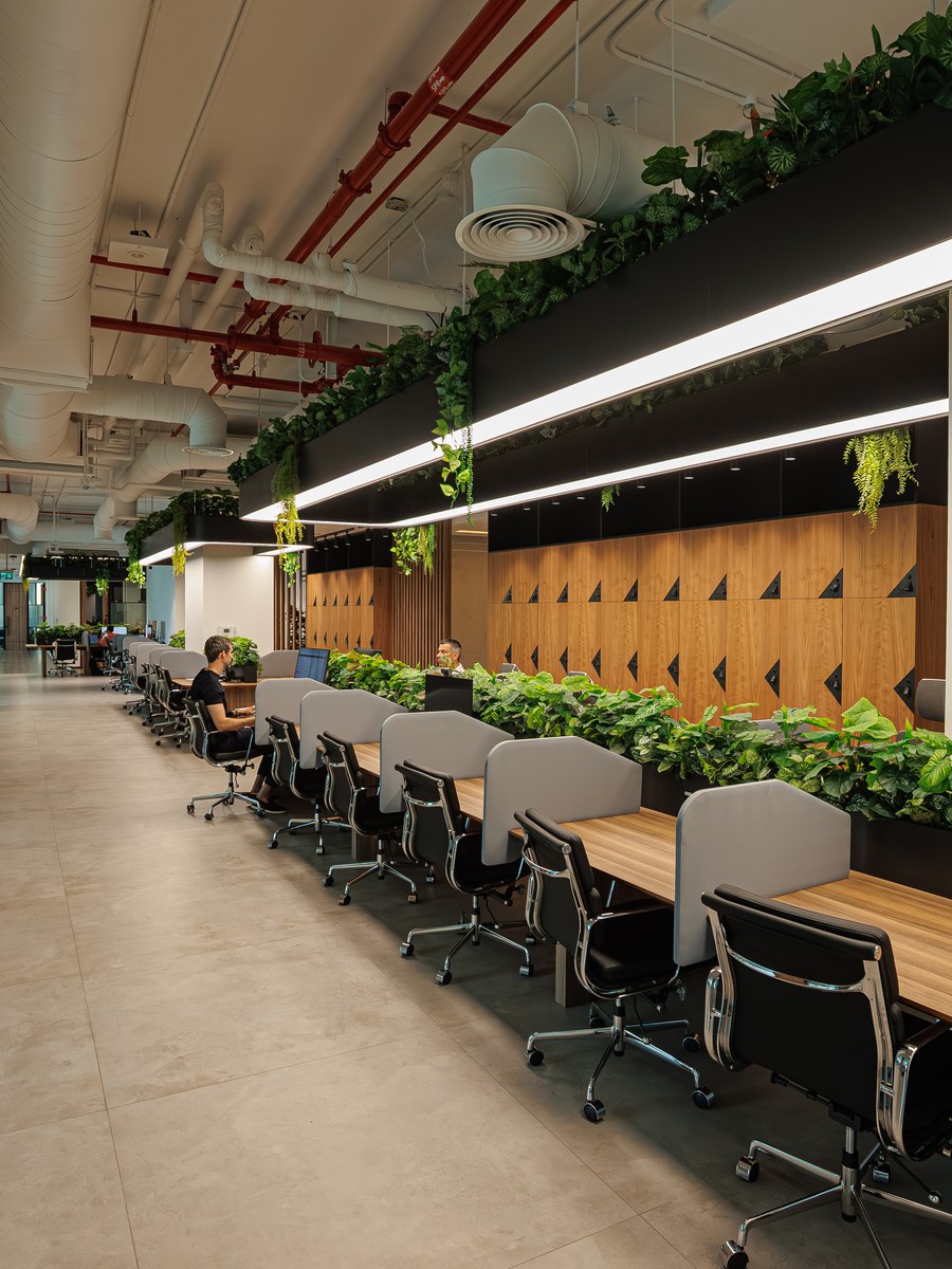 The coworking corridor at flowork Dubai Hills, glass on one side