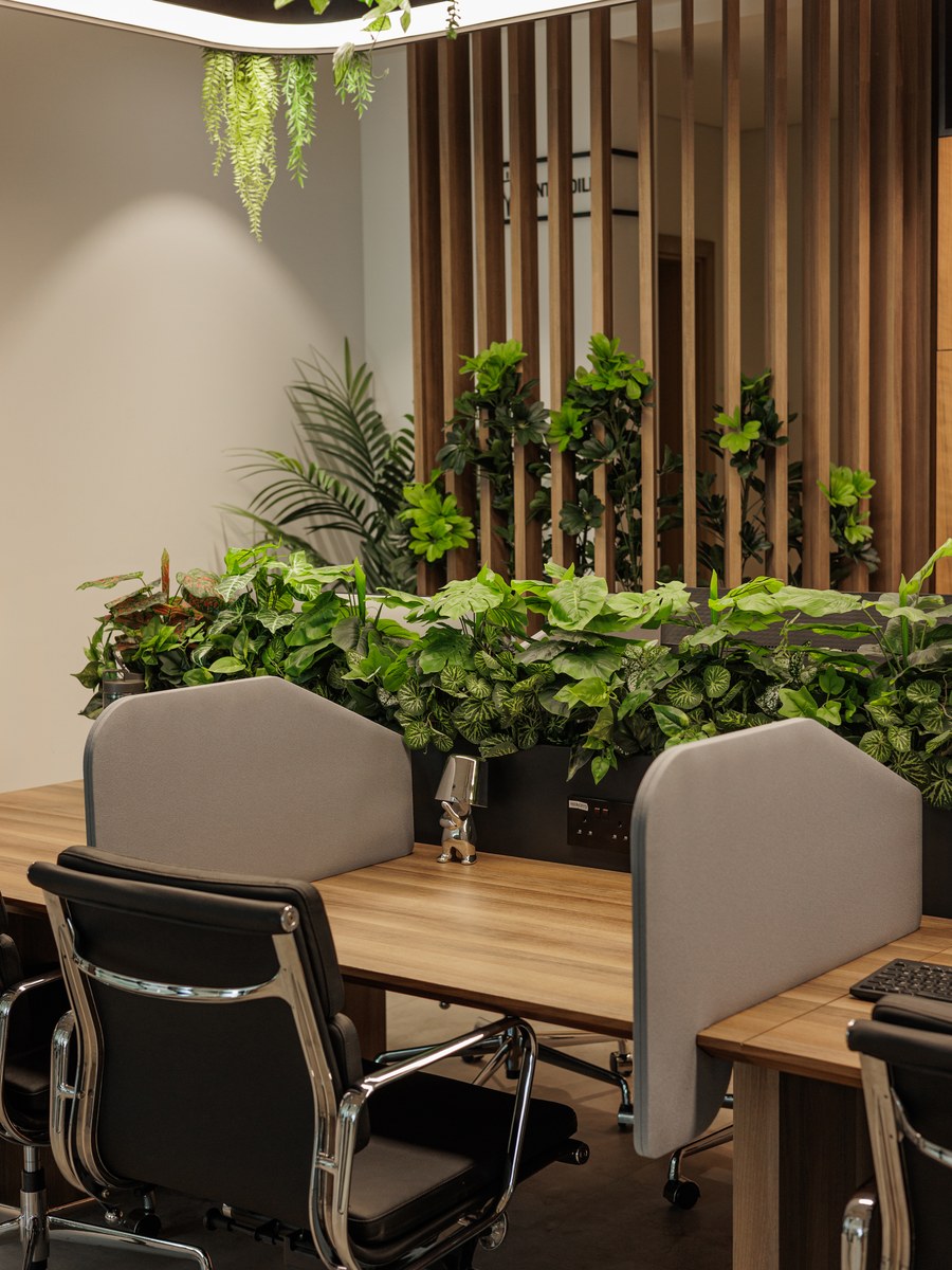 Screened coworking desks and planting at flowork Dubai Hills