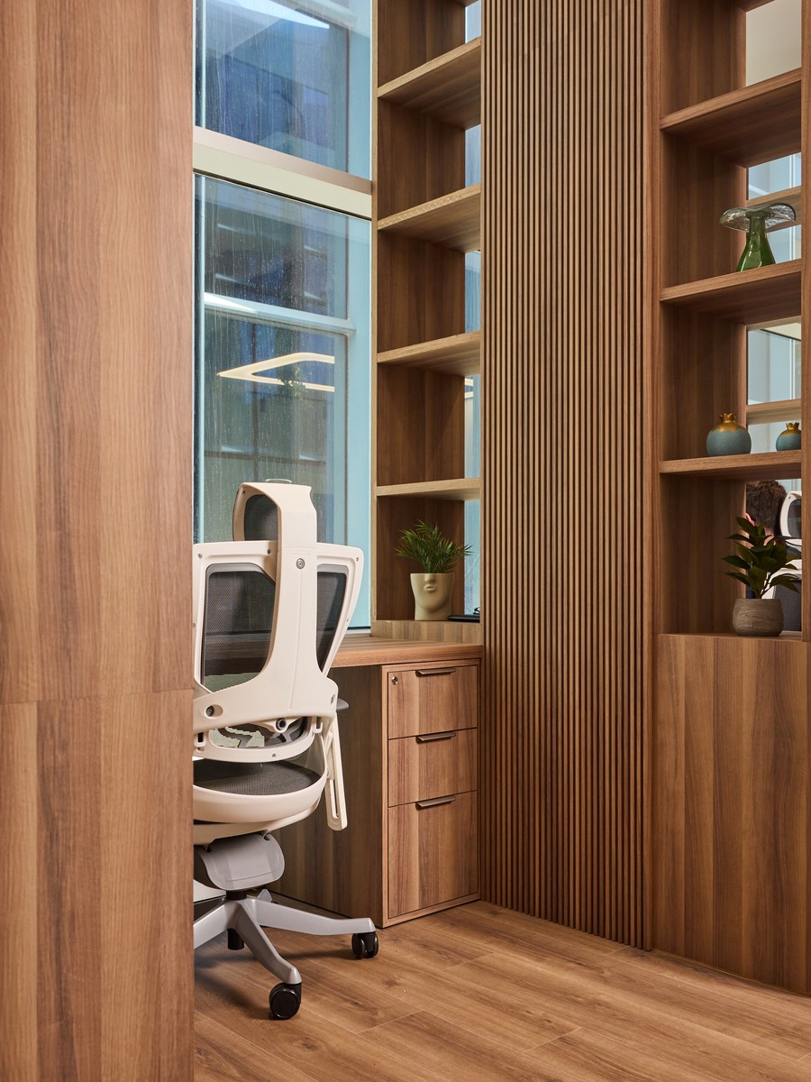 Desk nooks set into the shelving at flowork Vision Tower
