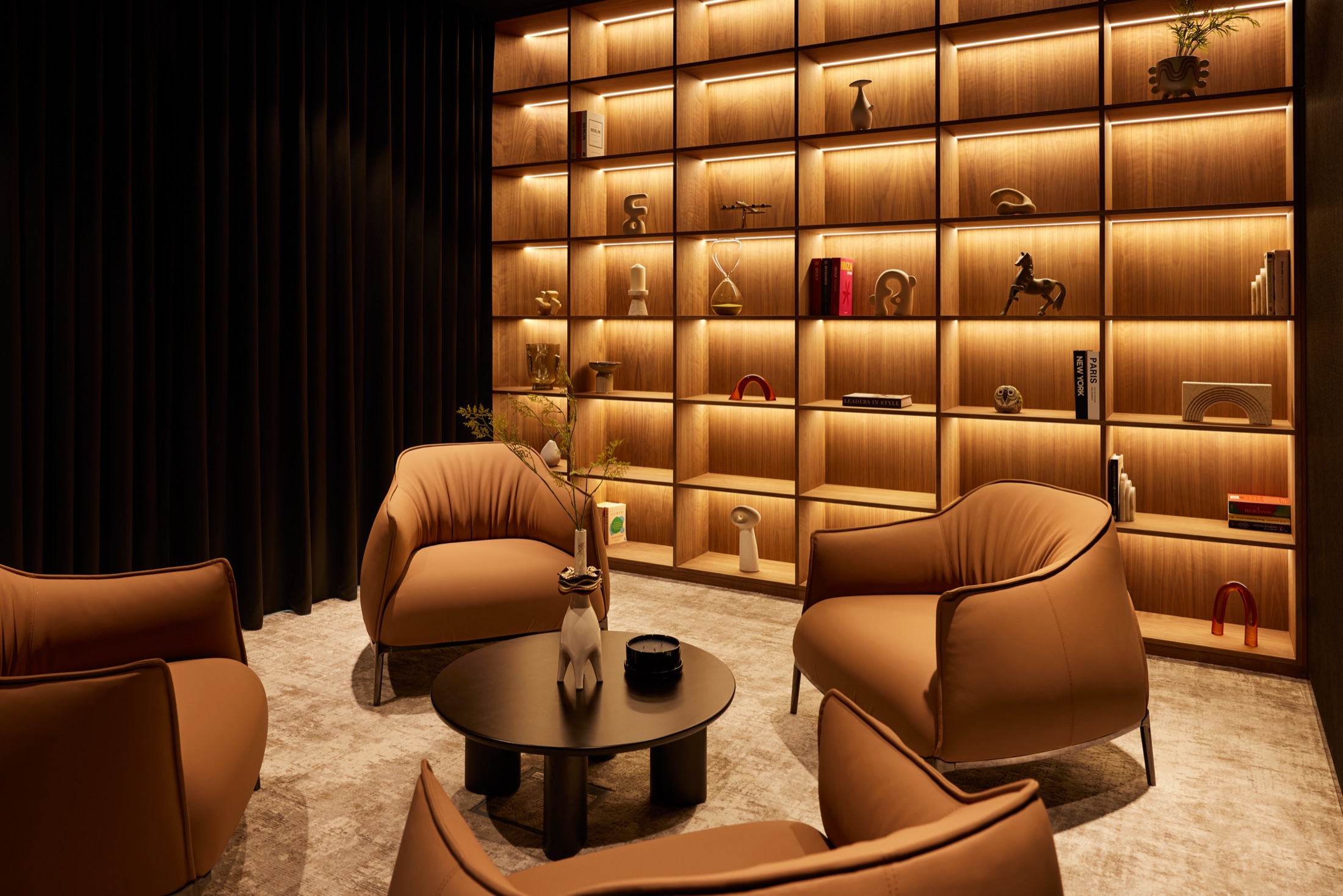 The podcast studio's lounge at flowork Dubai Hills, seating for guests before recording