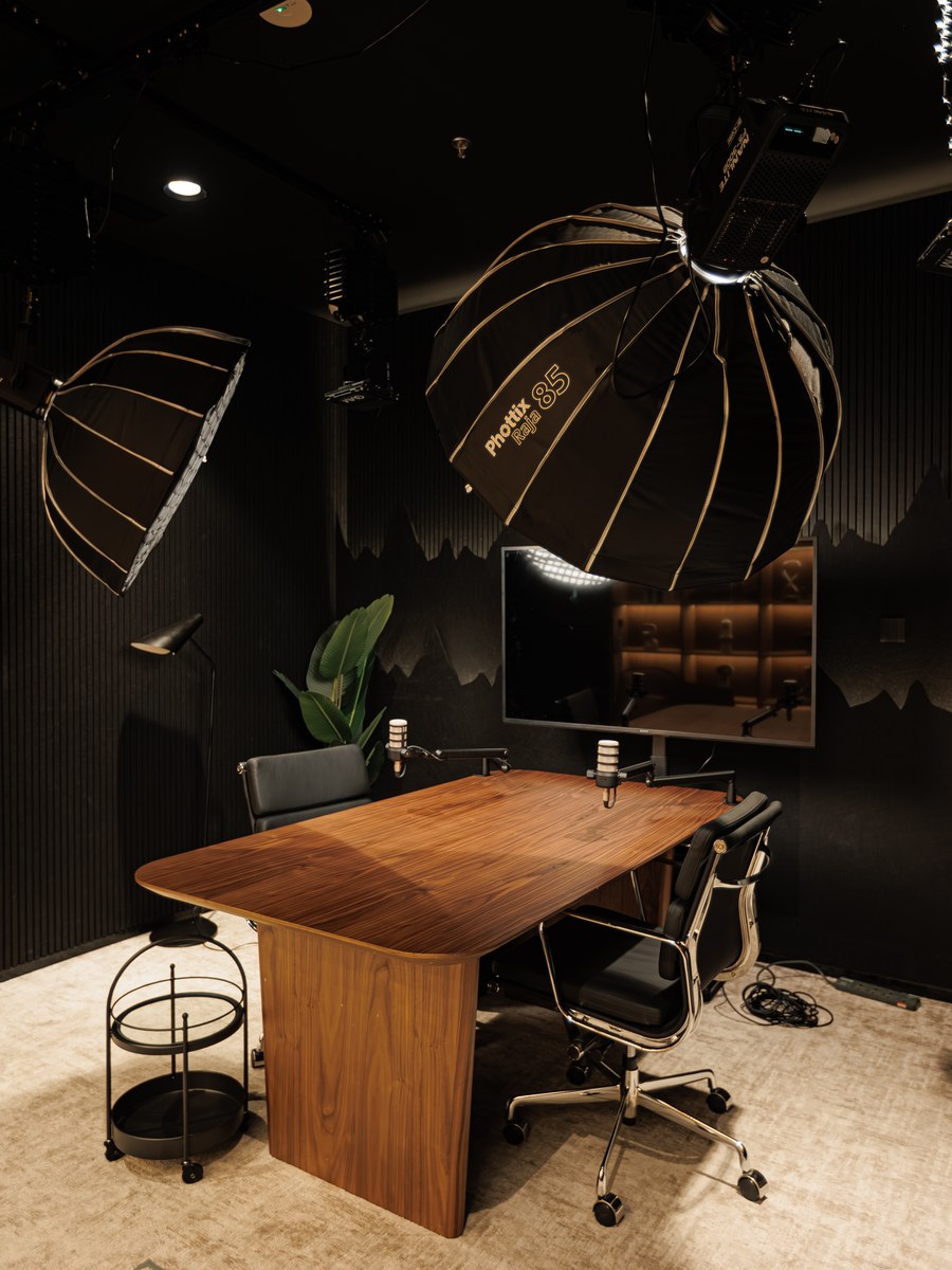 The podcast recording table at flowork Dubai Hills, lit by softbox lights